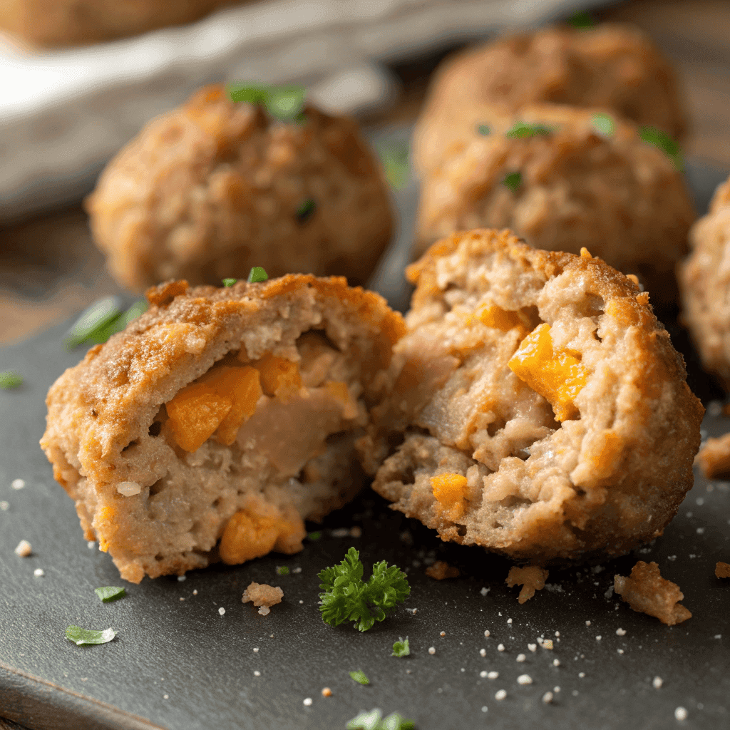 Macro close-up of sausage ball showing crumbly texture and melted cheddar cheese.