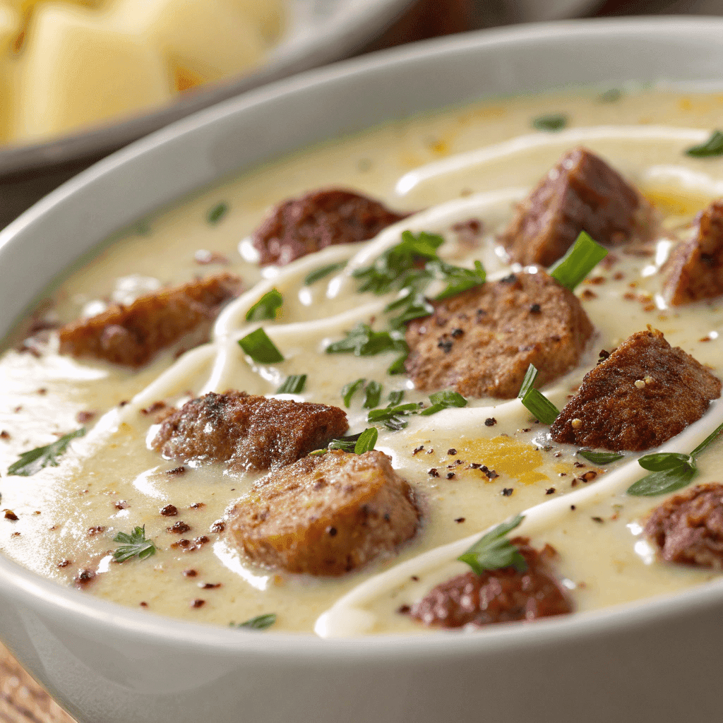 Close-up of creamy sausage potato soup showing sausage texture and tender potatoes.