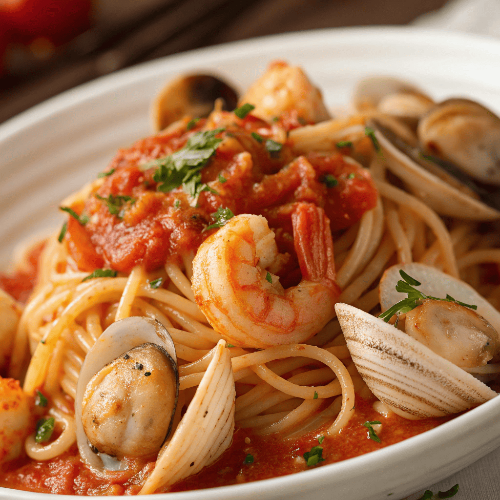 Macro close-up of seafood pasta showing spaghetti strands, tomato sauce, shrimp, clams, and scallops.