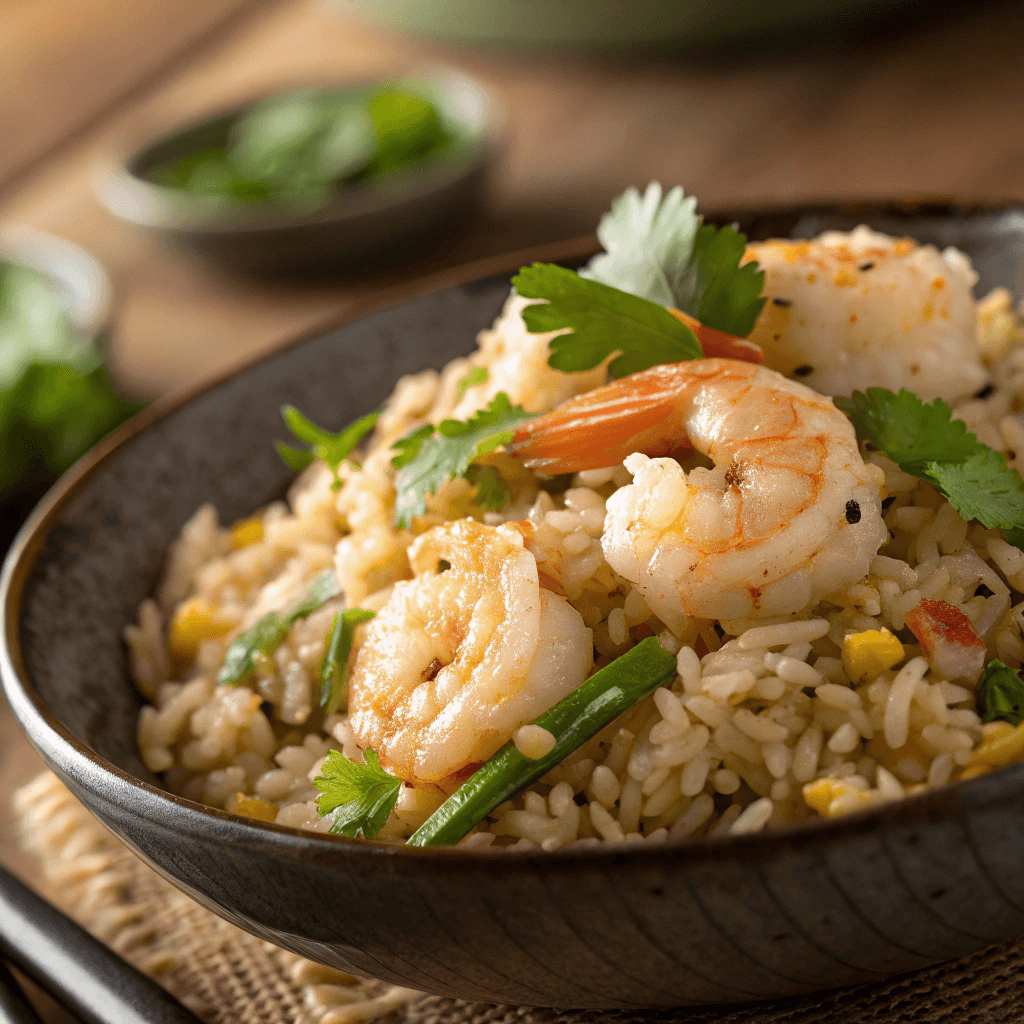 Garlic Butter Seafood Fried Rice with Shrimp & Crab 3 Close-up of seafood fried rice showing separate grains, shrimp, and egg texture.
