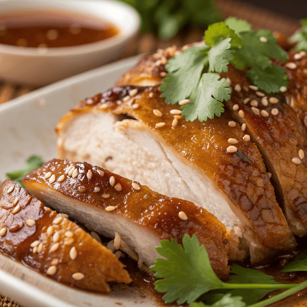 Macro close-up of Shandong roast chicken showing glossy skin and sesame seeds.
