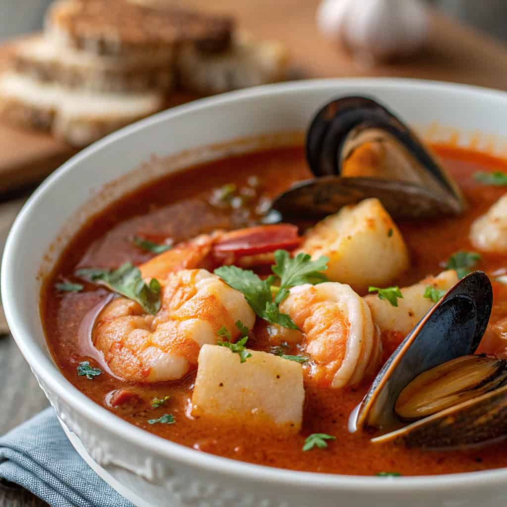 Easy Shipwreck Stew – Coastal Comfort in a Bowl 3 Macro close-up of shipwreck stew showing shrimp, mussels, and tomato broth texture.