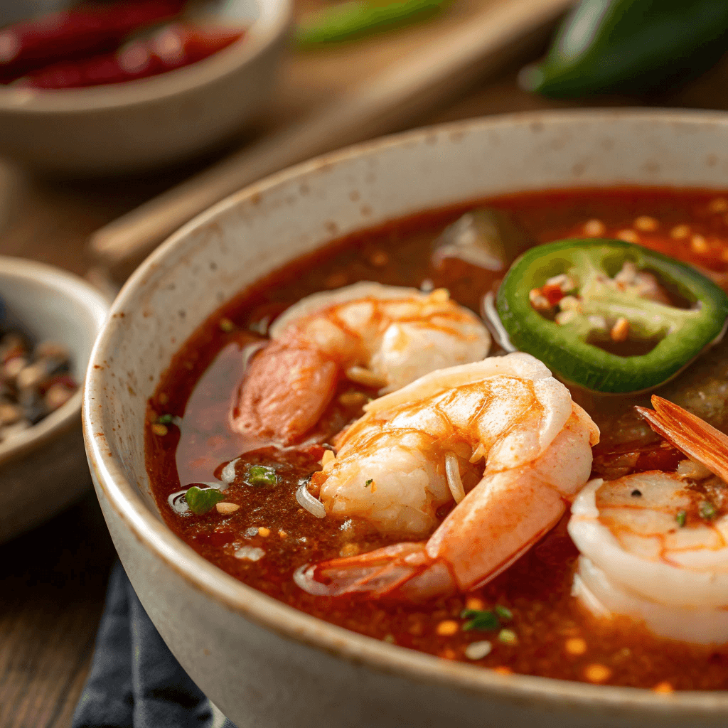 Best Spicy Shrimp Soup with Garlic, Lime & Jalapeño 3 Close-up of shrimp soup showing shrimp texture and spicy red broth