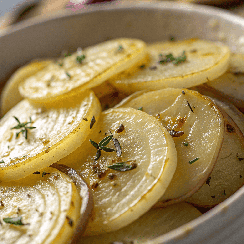 Close-up of slow cooker onion potatoes showing buttery glaze and tender texture