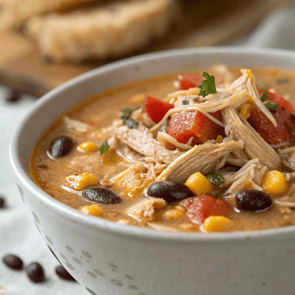 Close-up of chicken tortilla soup showing shredded chicken, corn, beans, and creamy broth.