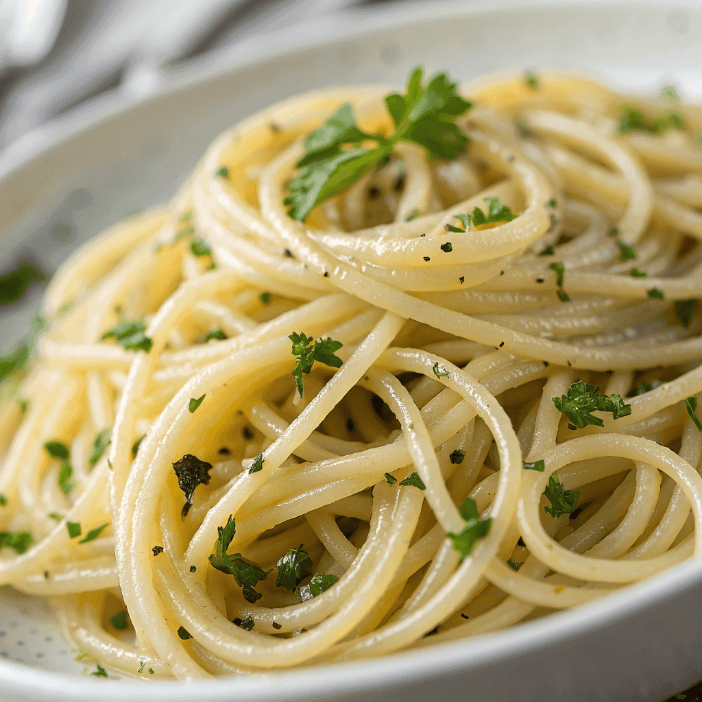 Macro close-up of spaghetti aglio e olio showing glossy olive oil coating and parsley.