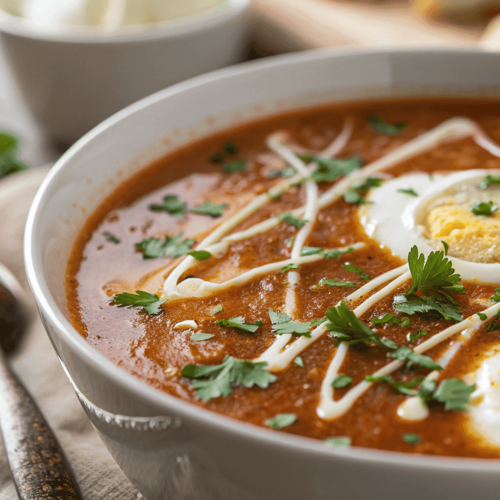 Close-up of Spanish garlic soup showing egg ribbons, paprika broth, and olive oil sheen