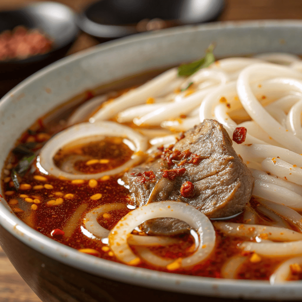 Close-up of spicy beef noodle soup showing noodles and chili oil texture