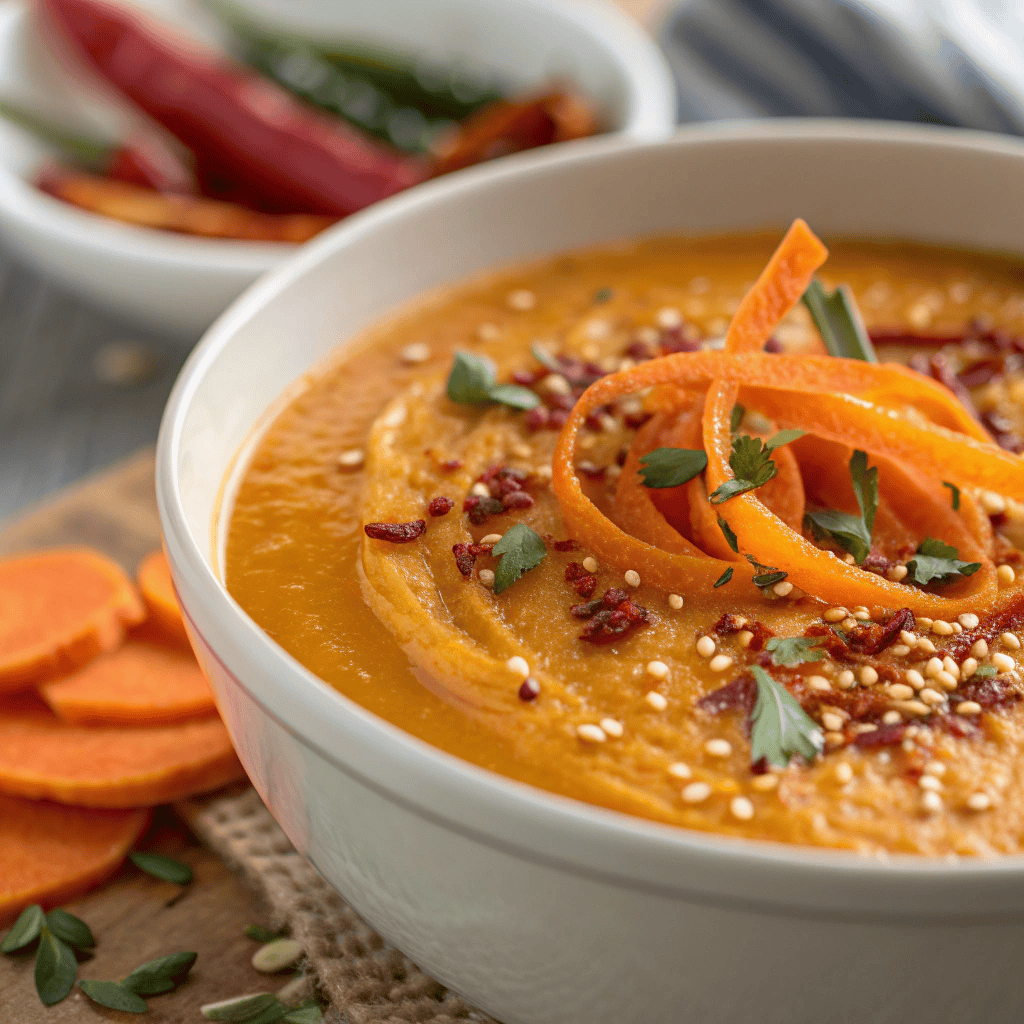 Easy Spicy Miso Carrot Soup – Creamy, Bright, and Packed with Umami 3 Macro close-up of spicy carrot miso soup showing chili oil, sesame seeds, and smooth texture.