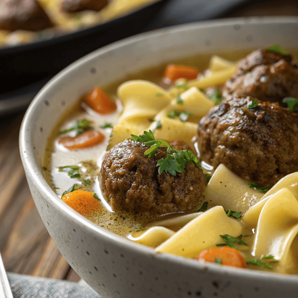 Close-up of Swedish meatballs in creamy broth with egg noodles, carrots, and parsley