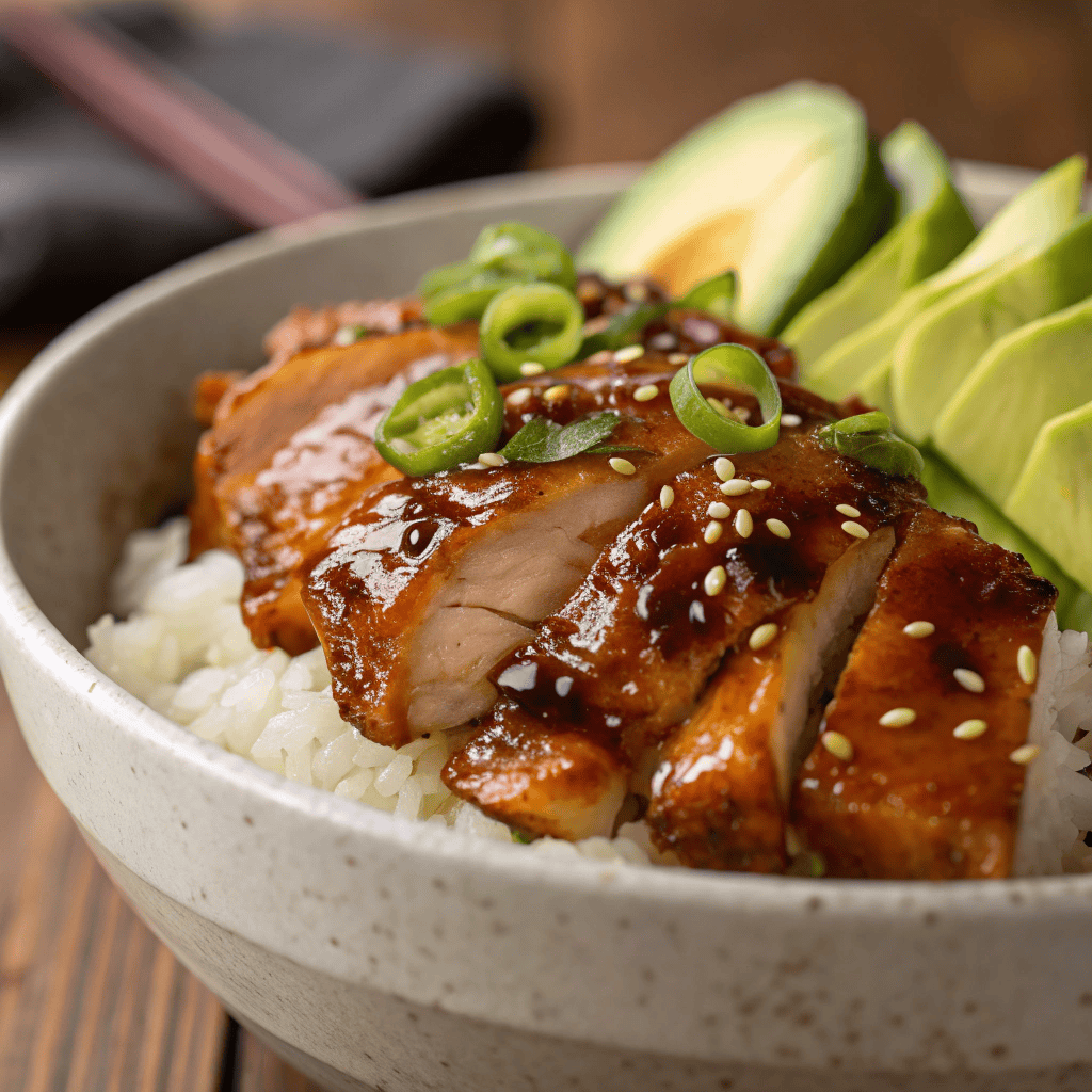 Close-up of teriyaki chicken avocado rice showing glossy sauce and fresh avocado