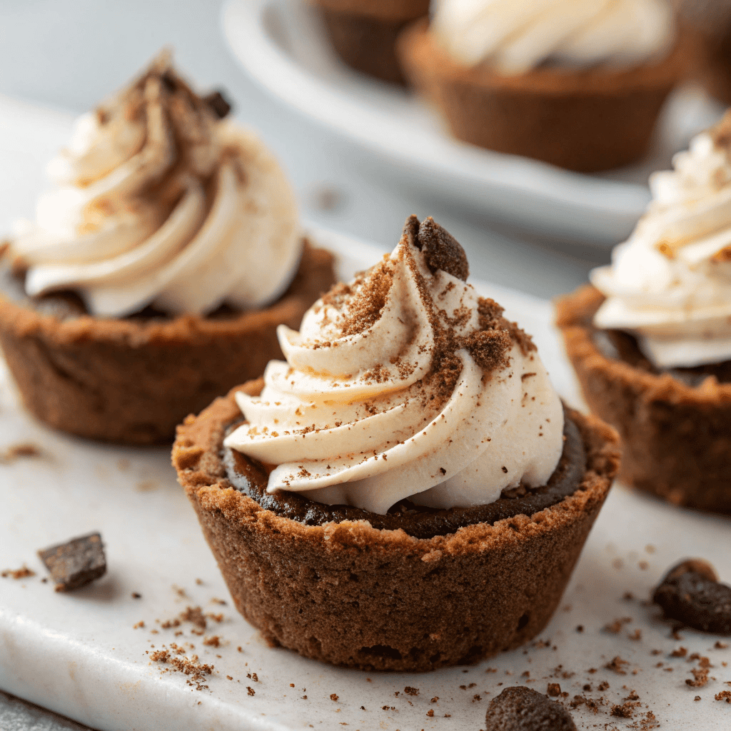 Close-up of tiramisu cookie cups showing mascarpone cream and cocoa powder texture
