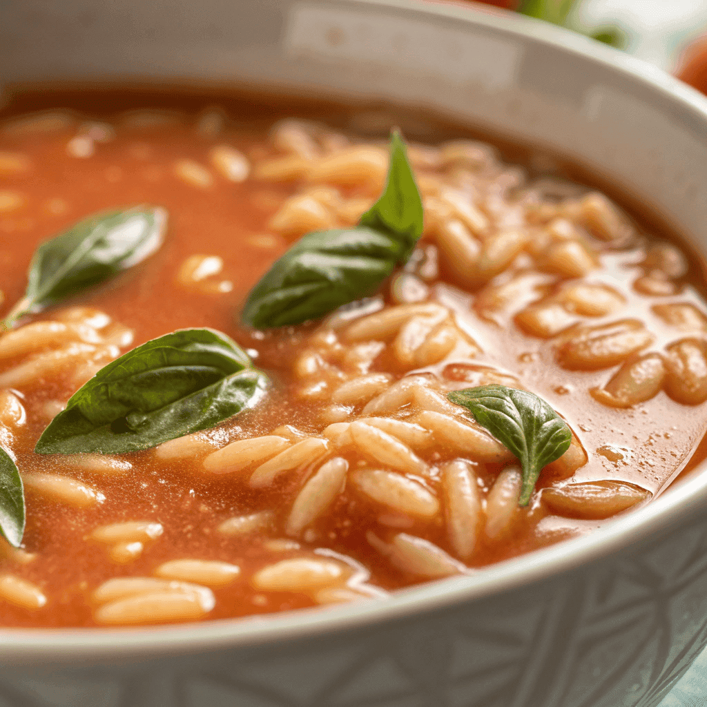 Easy Tomato Orzo Soup – Creamy, Comforting, and Easy to Make 3 Close-up of tomato orzo soup showing pasta texture and smooth broth