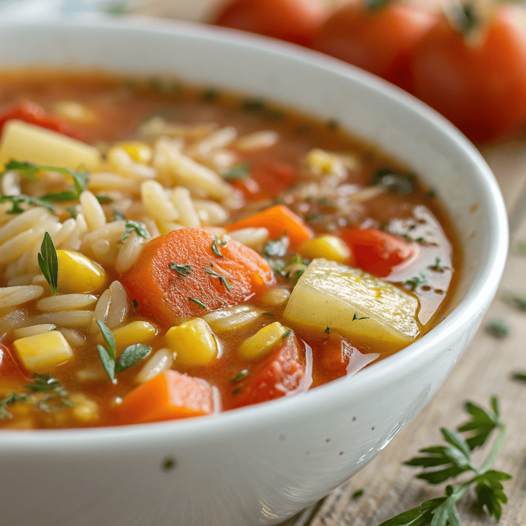 Macro close-up of vegetable orzo soup showing pasta grains, vegetables, and tomato broth texture.