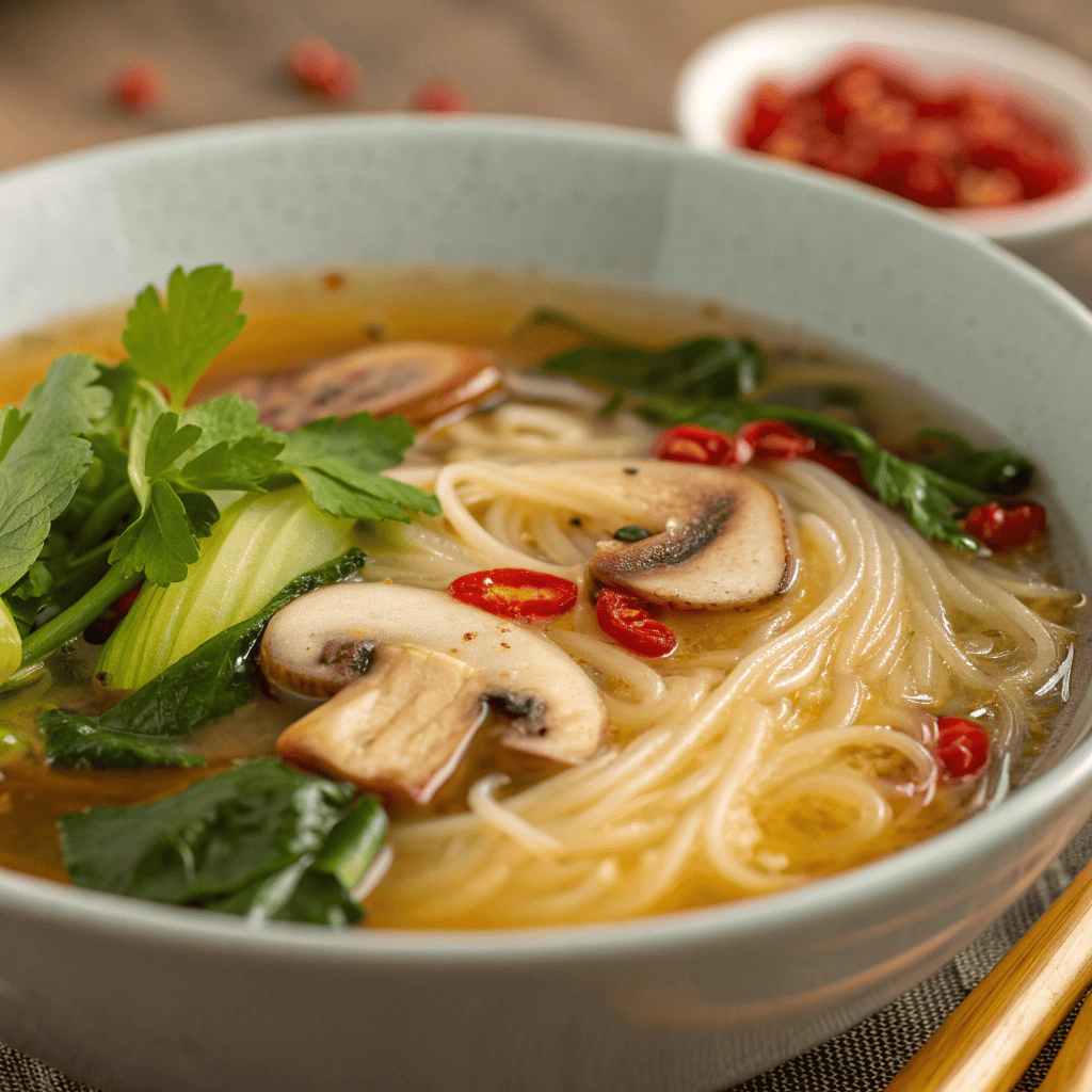 Macro close-up of winter warmer soup showing broth, noodles, mushrooms, and chili oil.
