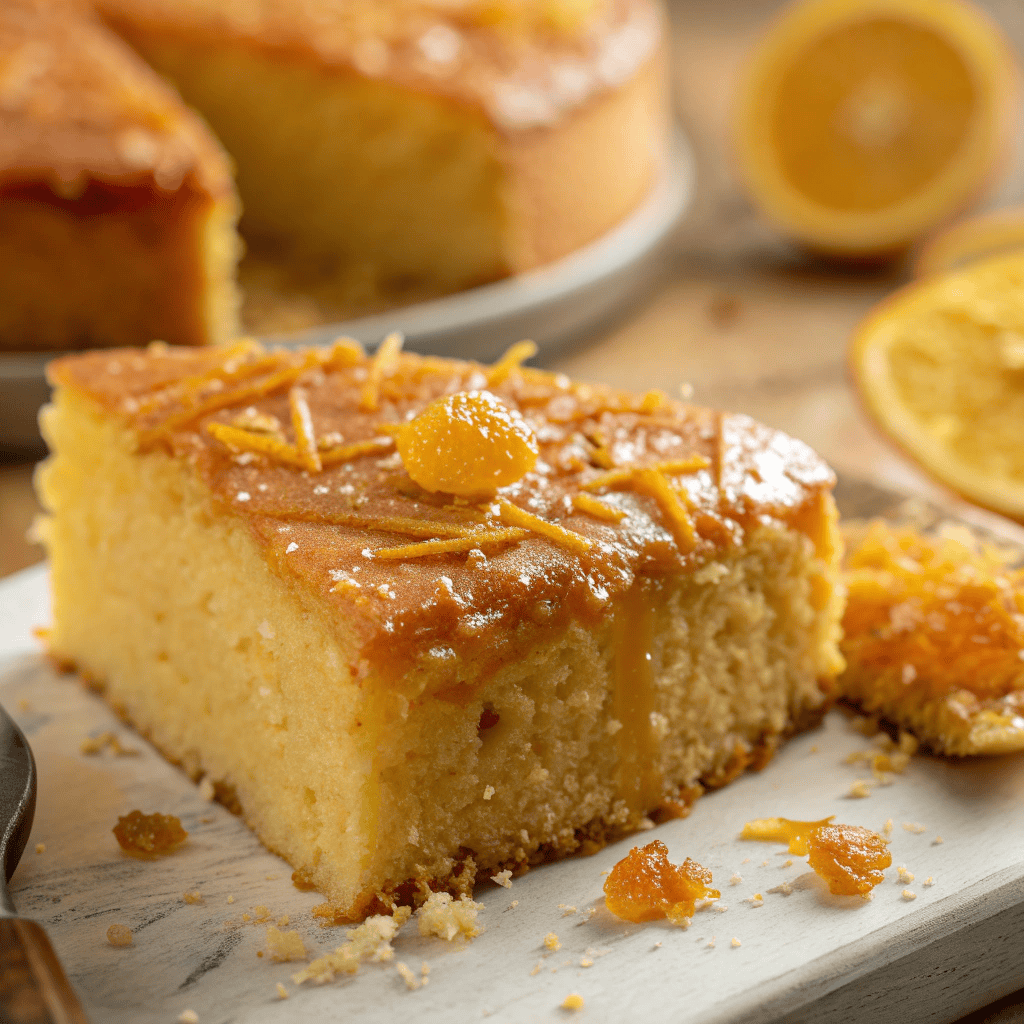 Close-up of Persian orange cake showing moist crumb and glossy citrus glaze.