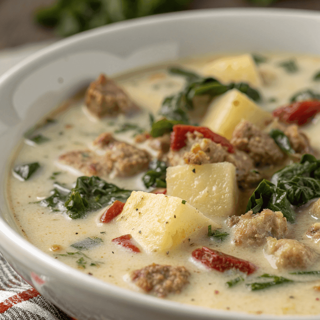 Easy Zuppa Toscana Soup – Creamy, Hearty & Italian-Inspired Comfort 3 Macro close-up of Zuppa Toscana showing creamy broth, sausage, and potato texture.