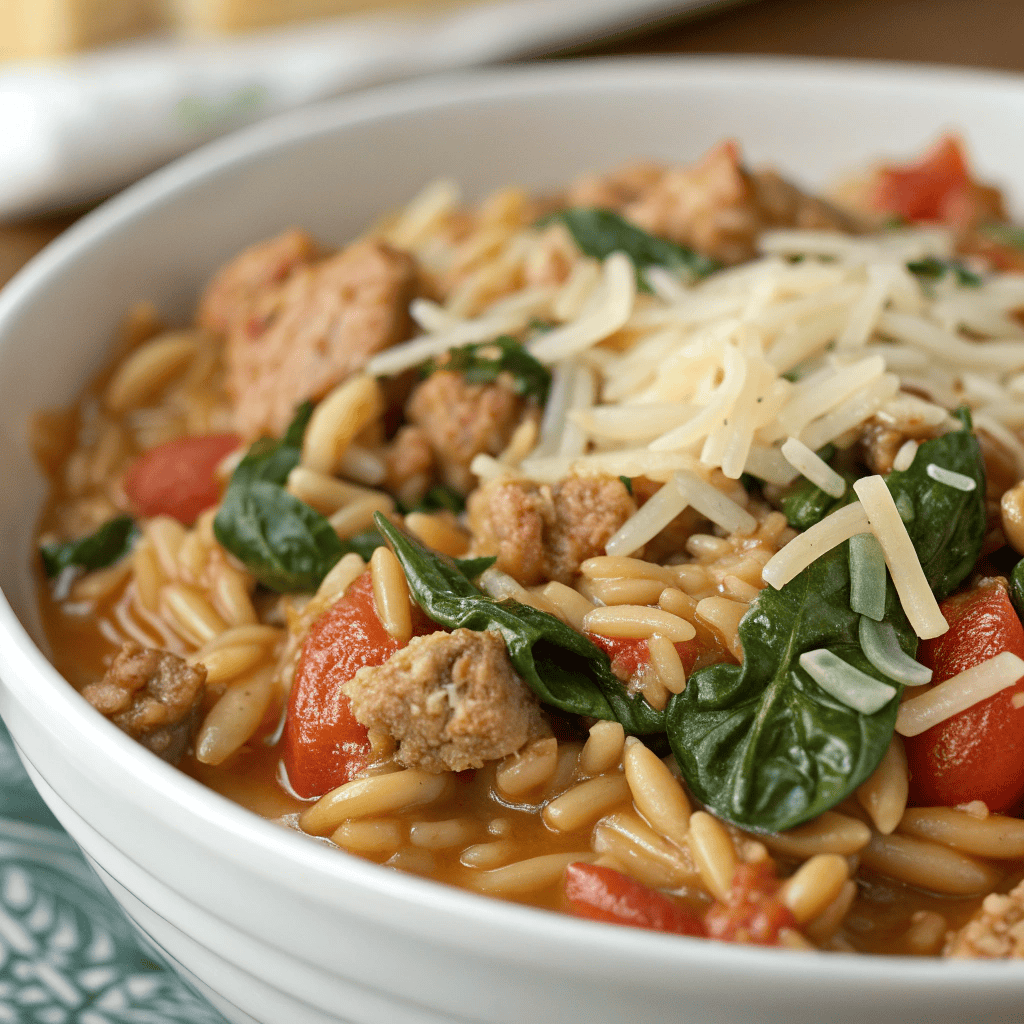 Close-up of ground turkey and orzo pasta showing glossy grains, spinach, tomatoes, and Parmesan texture