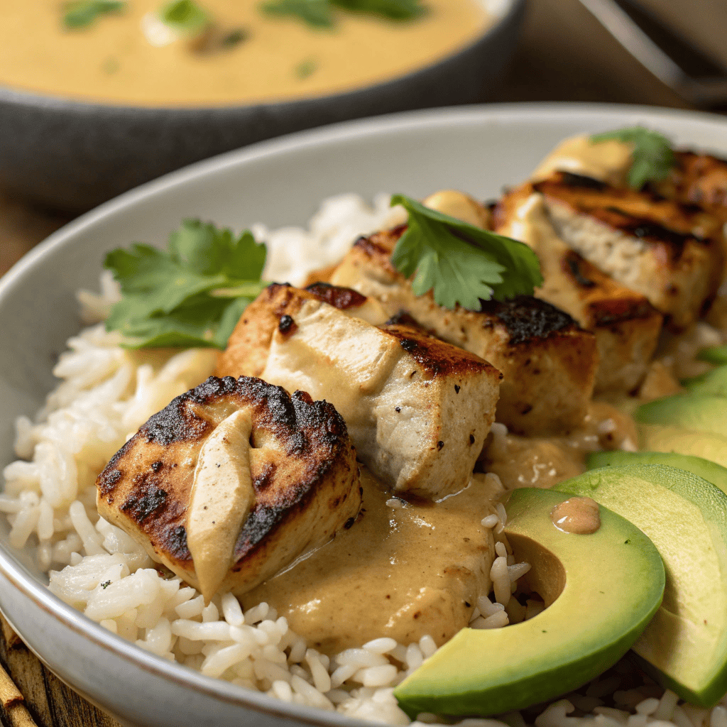 Close-up of coconut chicken showing charred texture, creamy sauce, rice grains, and avocado