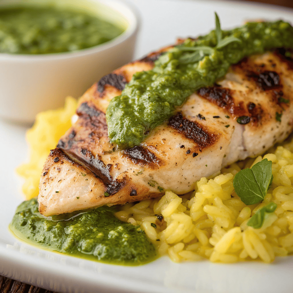 Peruvian Chicken and Rice with Green Sauce | Easy Aji Verde Bowl 3 Close-up of grilled Peruvian chicken showing charred texture, creamy green sauce, and yellow rice grains