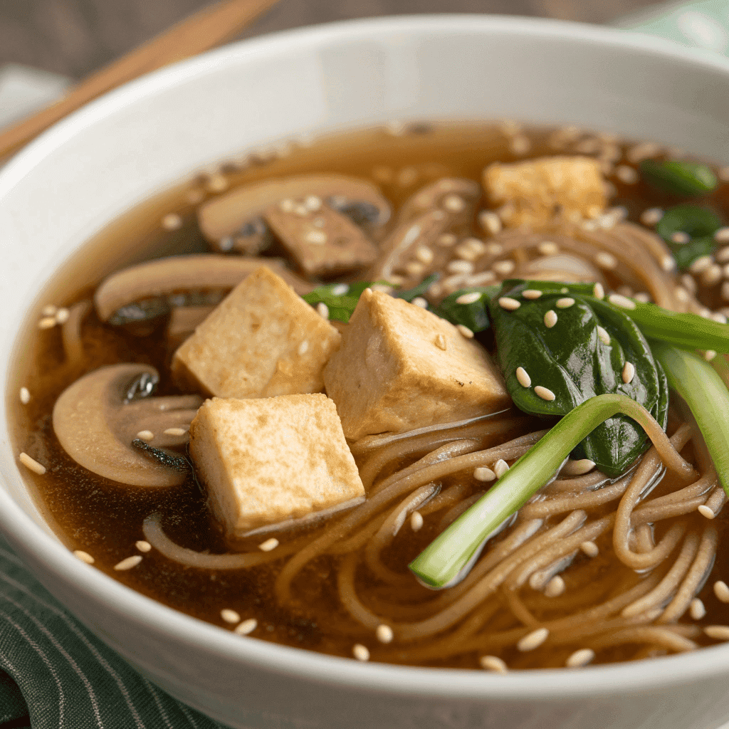 Close-up of soba noodle soup showing noodles, tofu texture, mushrooms, greens, and clear broth