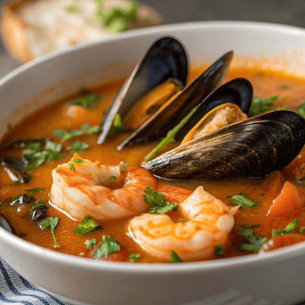 Close-up of cioppino soup showing mussel shells, shrimp texture, parsley, and tomato broth