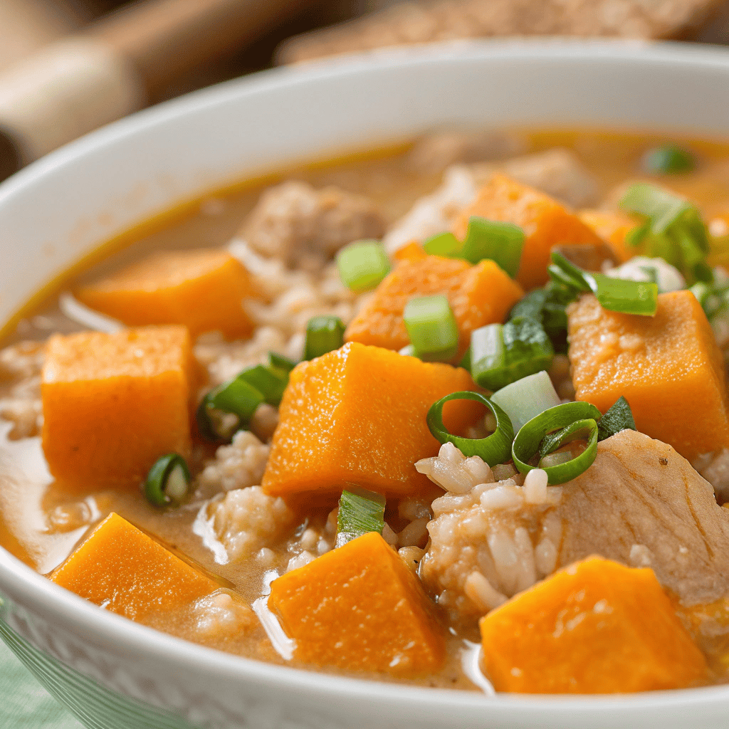 Close-up of turkey sweet potato soup showing sweet potato texture, rice grains, and orange broth