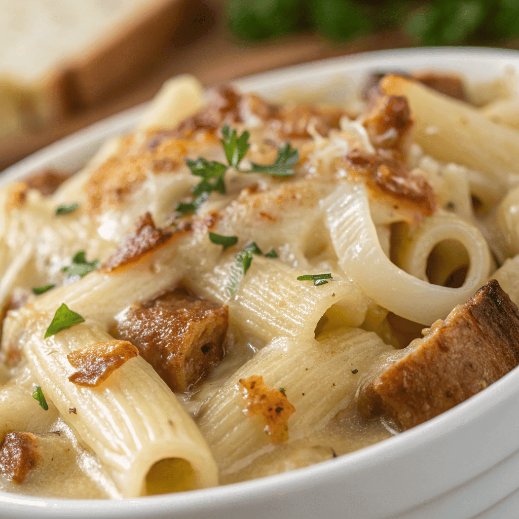 Close-up of French onion soup pasta showing cheese stretch, caramelized onions, and breadcrumb crust