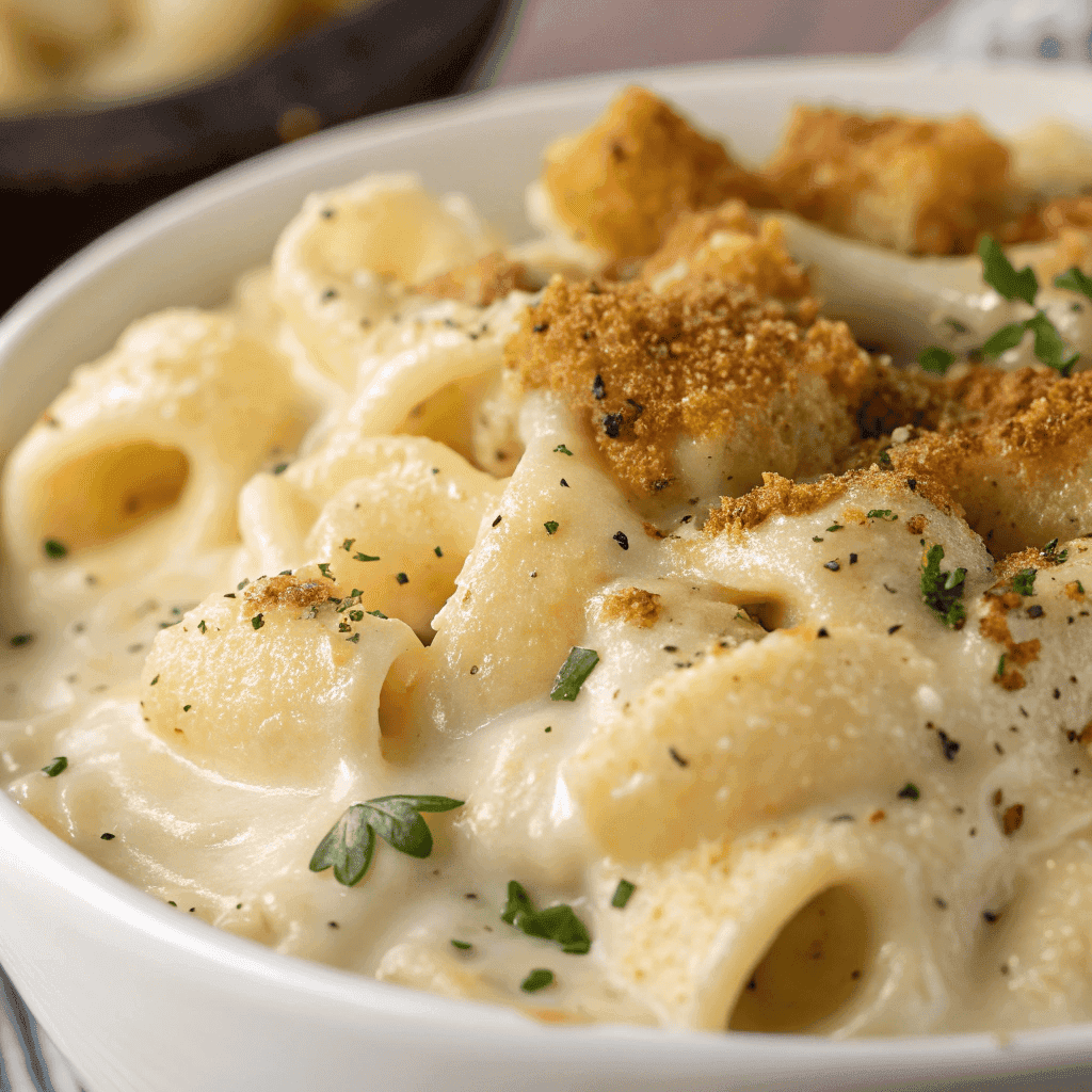 Close-up of Boursin mac and cheese showing creamy sauce texture and crispy breadcrumbs