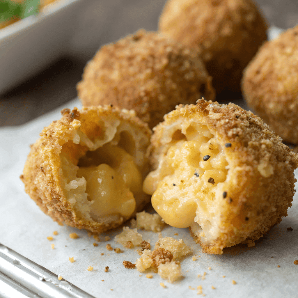 Close-up of crispy breadcrumb crust and gooey cheese inside mac and cheese balls