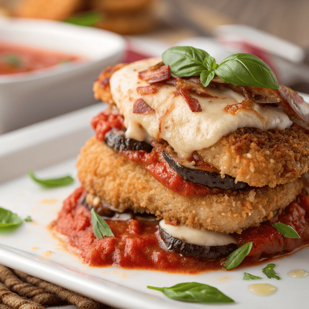 Close-up of chicken Sorrentino layers with eggplant, cheese, and marinara