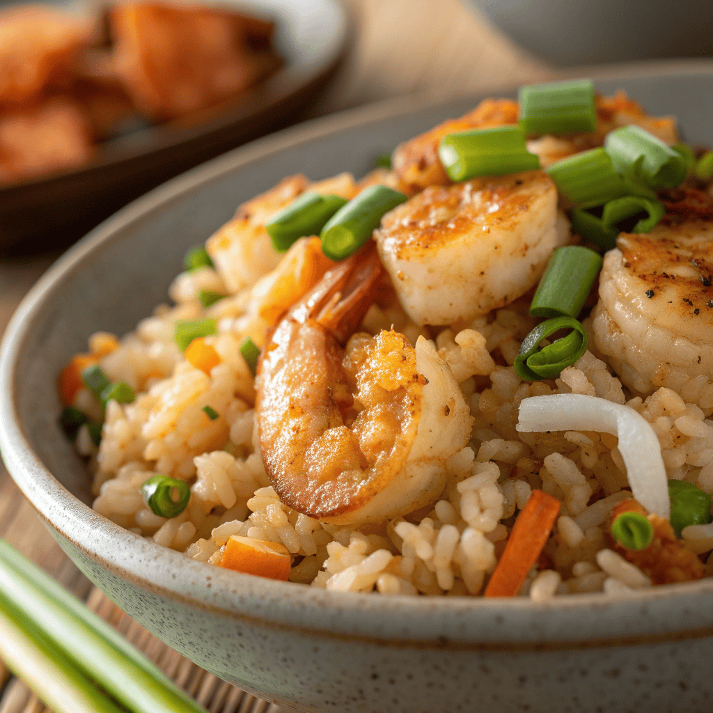 Macro close-up of Bang Bang fried rice showing separated rice grains, seared shrimp, eggs, and vegetables.