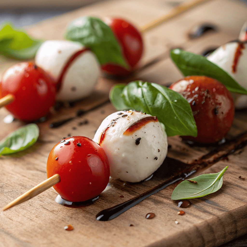 Macro close-up of caprese salad skewers showing tomato shine, mozzarella texture, basil leaves, and balsamic glaze.