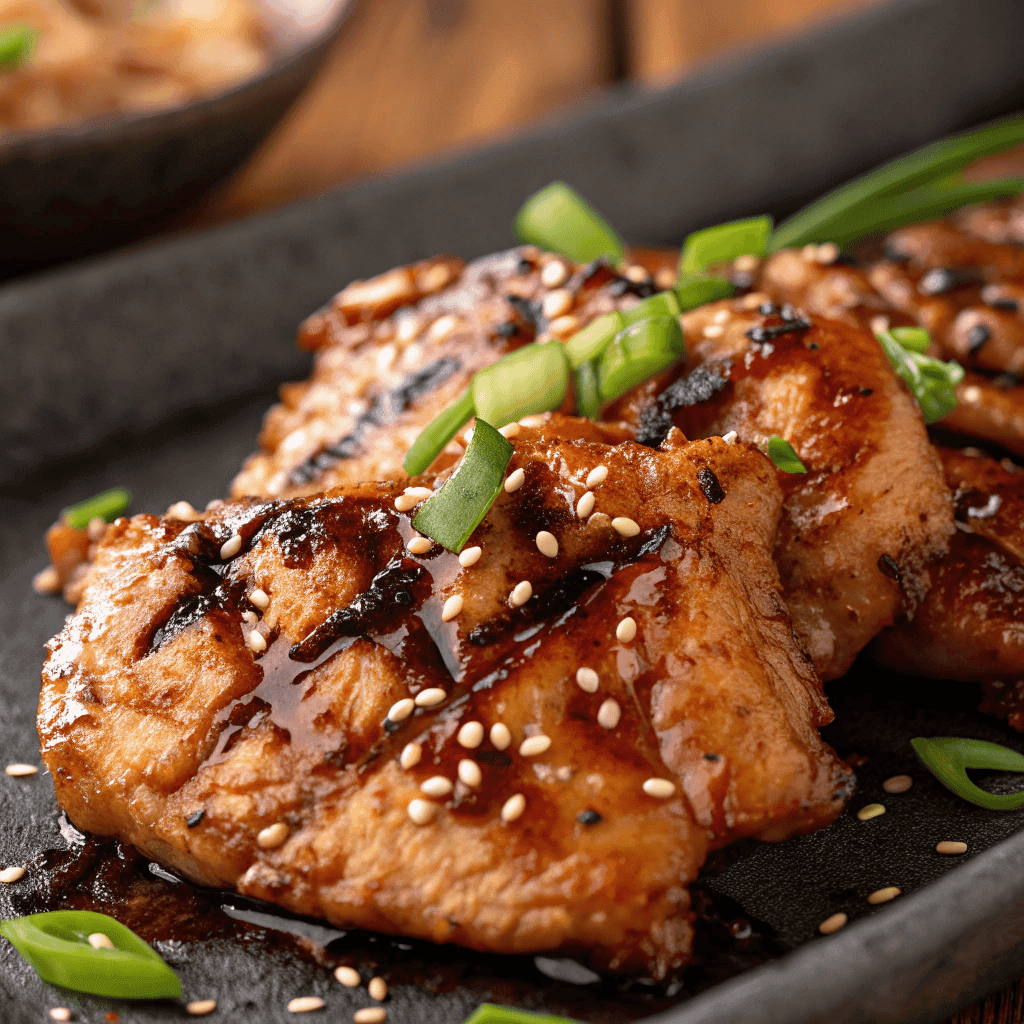 Macro close-up of chicken bulgogi showing glossy caramelized sauce, char marks, sesame seeds, and green onions.