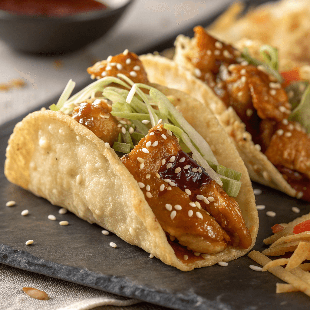 Macro close-up of chicken wonton tacos showing crispy wonton shell texture, shredded chicken, sesame seeds, and glossy sweet chili sauce.