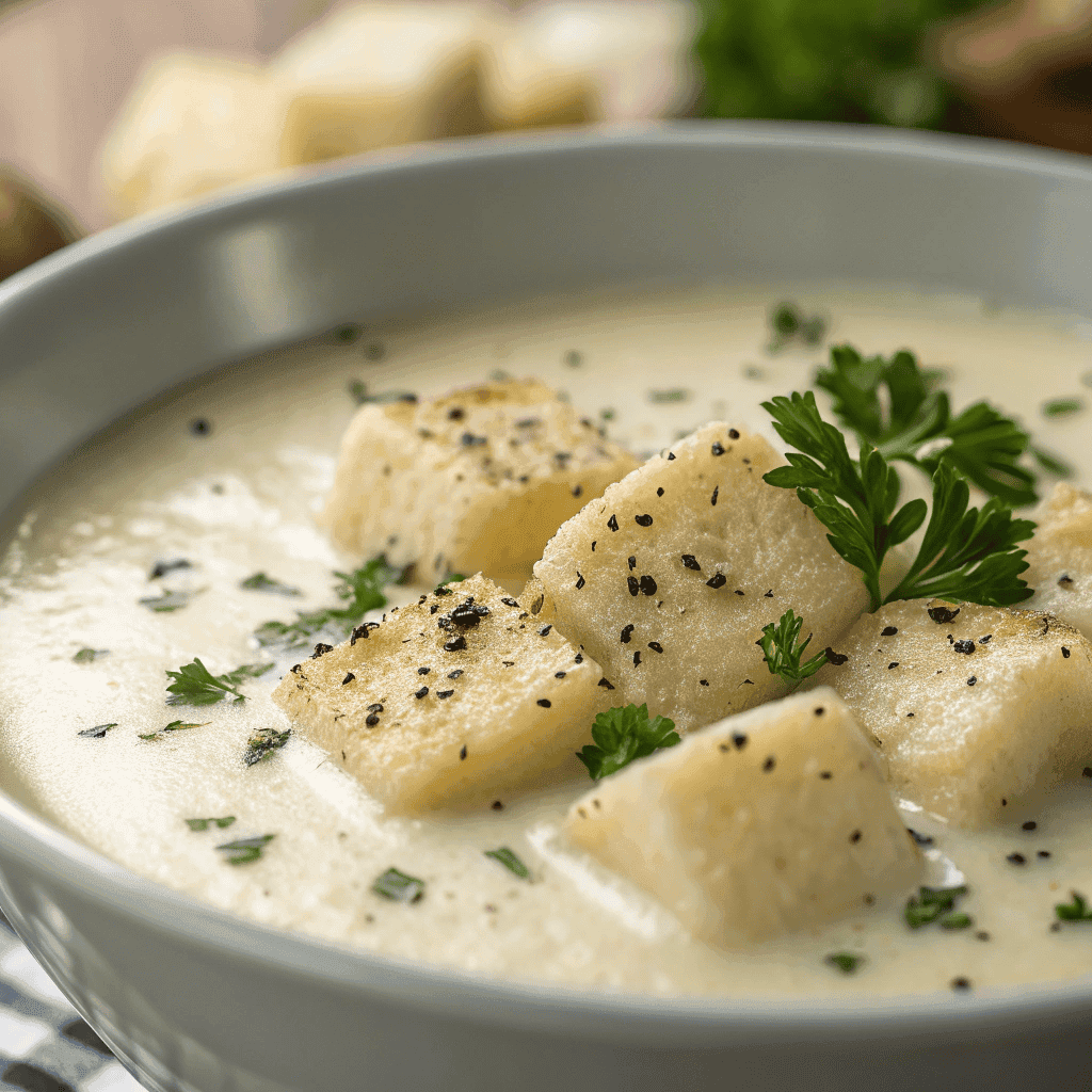 Close-up of creamy German potato soup with diced potatoes