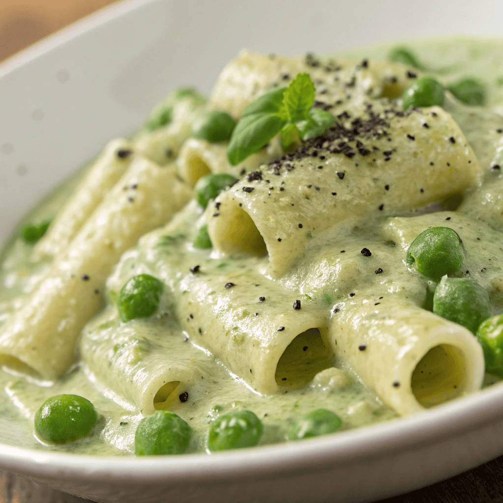 Macro close-up of creamy pea pasta showing thick green sauce, smooth pasta tubes, whole peas, and pepper specks.