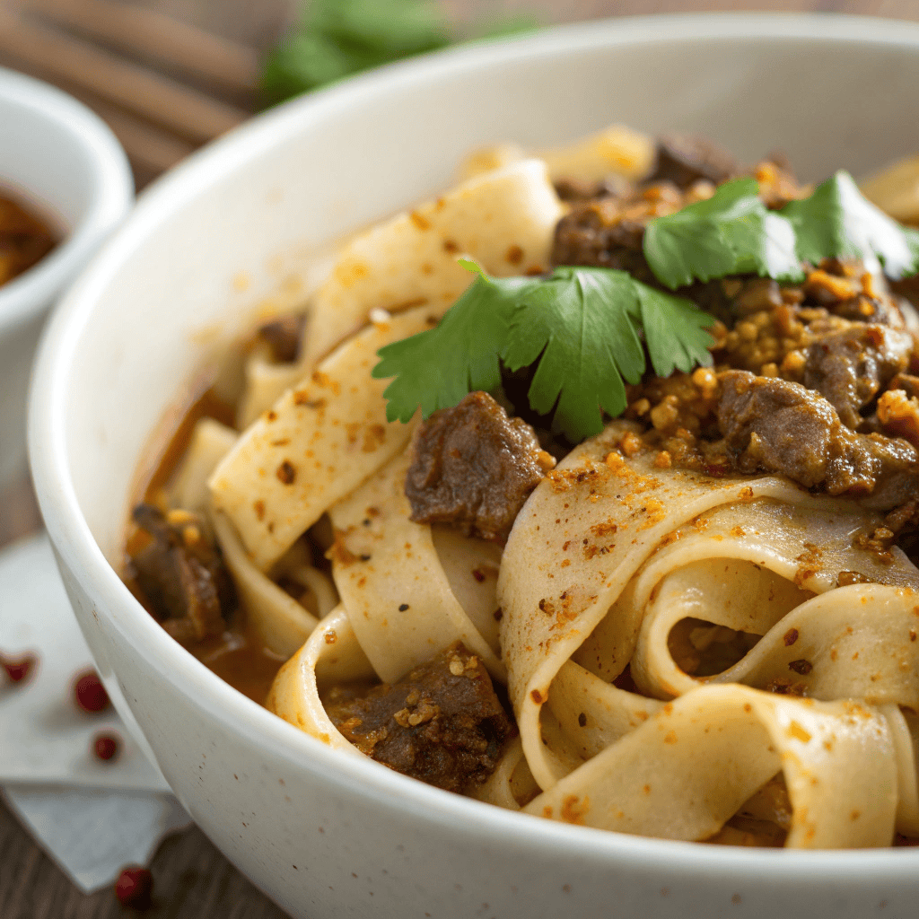 Close-up of cumin-spiced lamb and glossy ribbon noodles