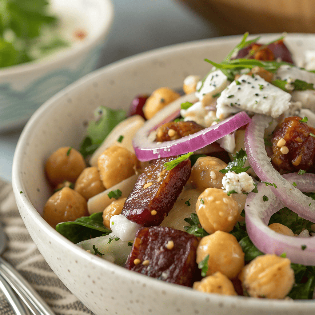 Macro close-up of divorce salad showing chickpeas, dates, red onion, herbs, and crumbled cheese.