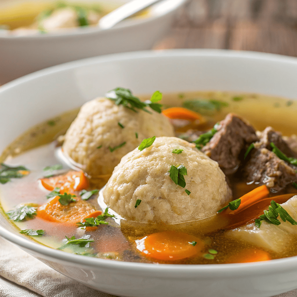 Close-up of bread dumplings and clear broth in German dumpling soup