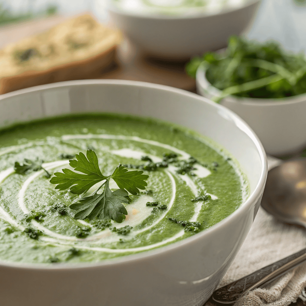 Close-up of smooth green herb soup with cream swirl and herbs
