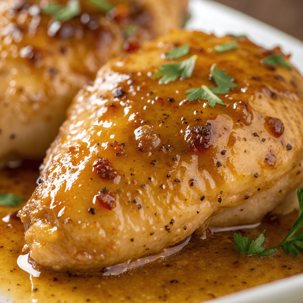 Macro close-up of honey mustard chicken showing glossy caramelized glaze and herb garnish.