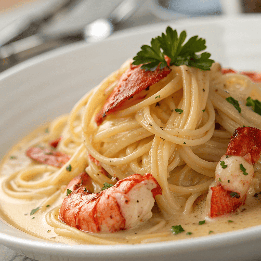 Close-up of buttery linguine and tender lobster meat