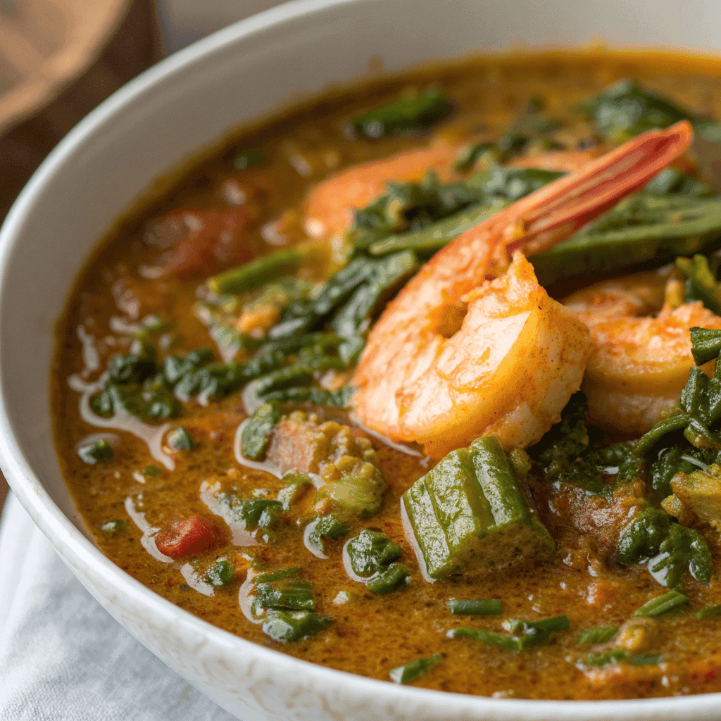 Macro close-up of Nigerian okra soup showing thick slimy okra texture, shrimp details, and glossy stew surface.