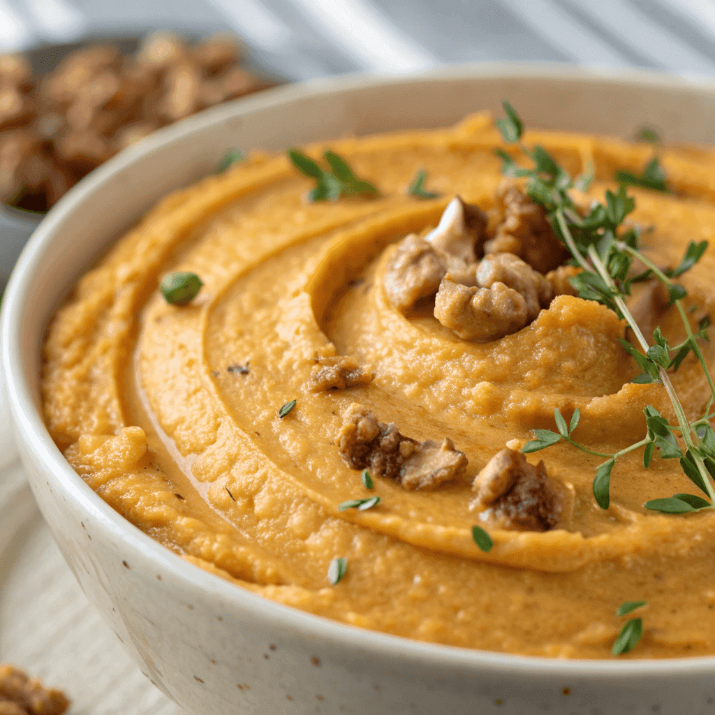 Macro close-up of pumpkin whipped feta dip showing creamy swirl texture, chopped walnuts, and fresh thyme.