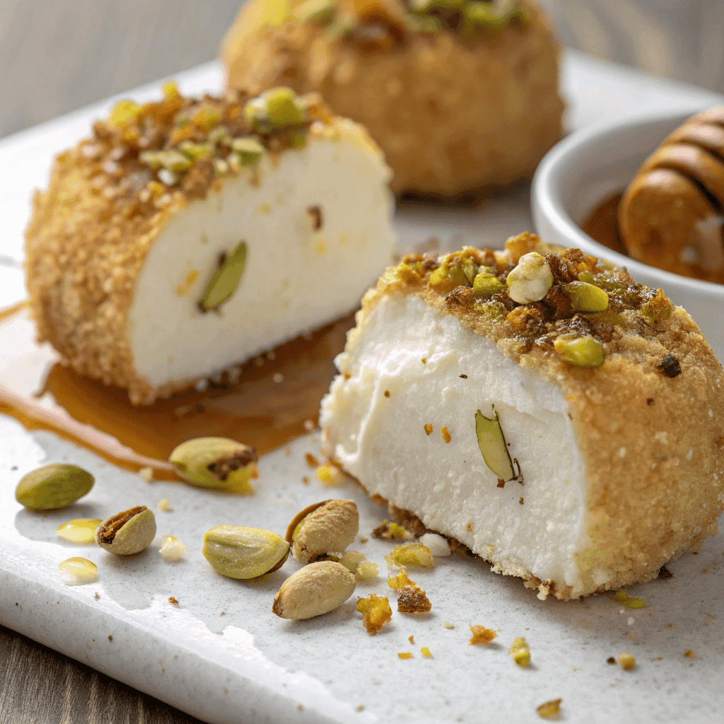 Macro close-up of ricotta pistachio honey bites showing crispy crust, creamy ricotta filling, pistachios, and honey syrup.