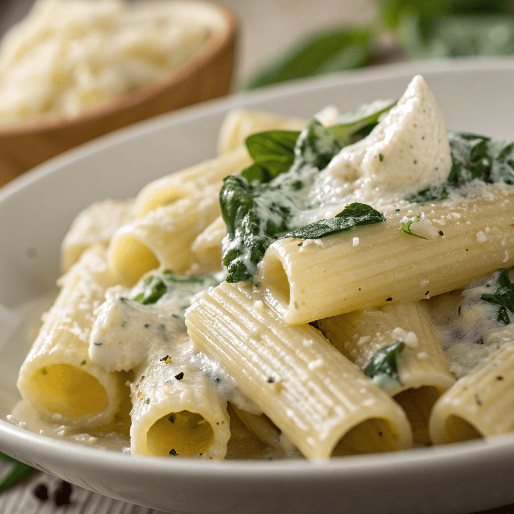 Close-up of rigatoni coated in creamy ricotta sauce with spinach