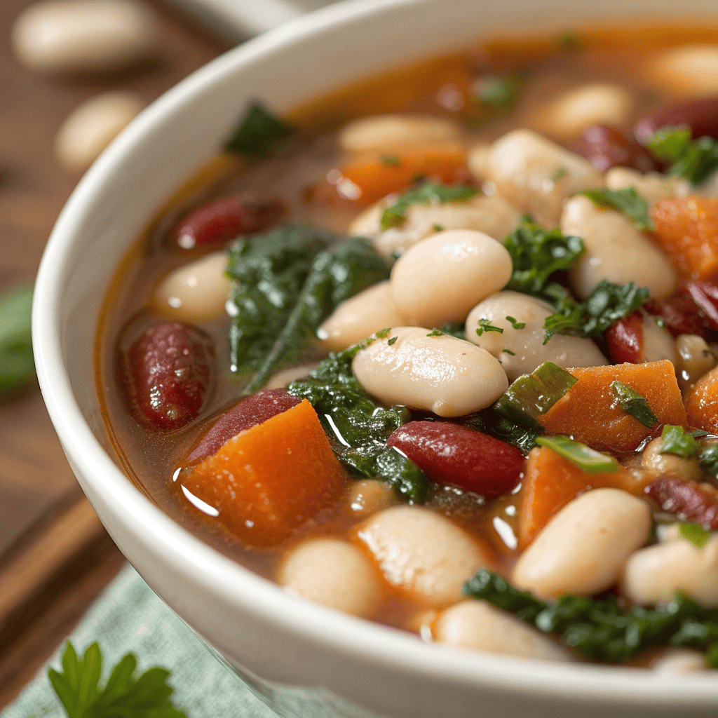 Macro close-up of Sardinian longevity soup showing beans, carrots, greens, herbs, and clear tomato broth.