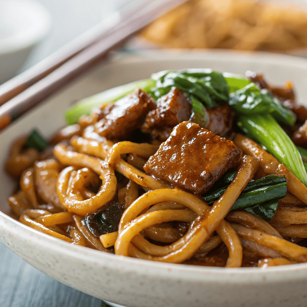 Close-up of glossy Shanghai noodles with soy sauce and pork