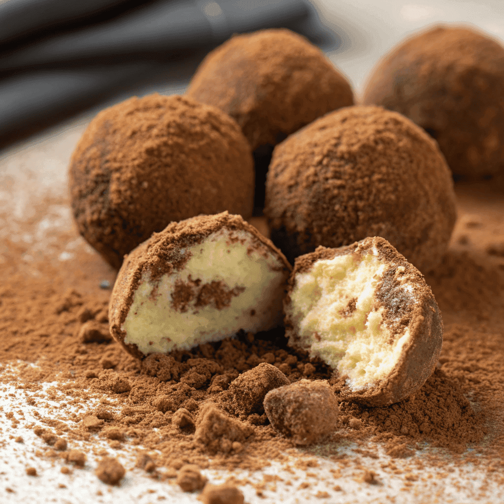 Macro close-up of tiramisu balls showing cocoa powder coating and dense creamy interior.